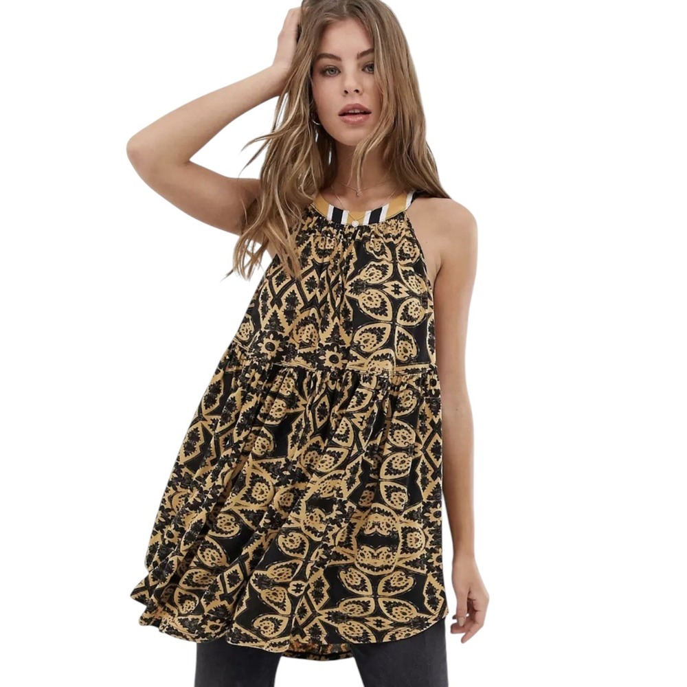 Free People Medallion Halter Tunic Celestial Boho Linen Blend Mustard Black L